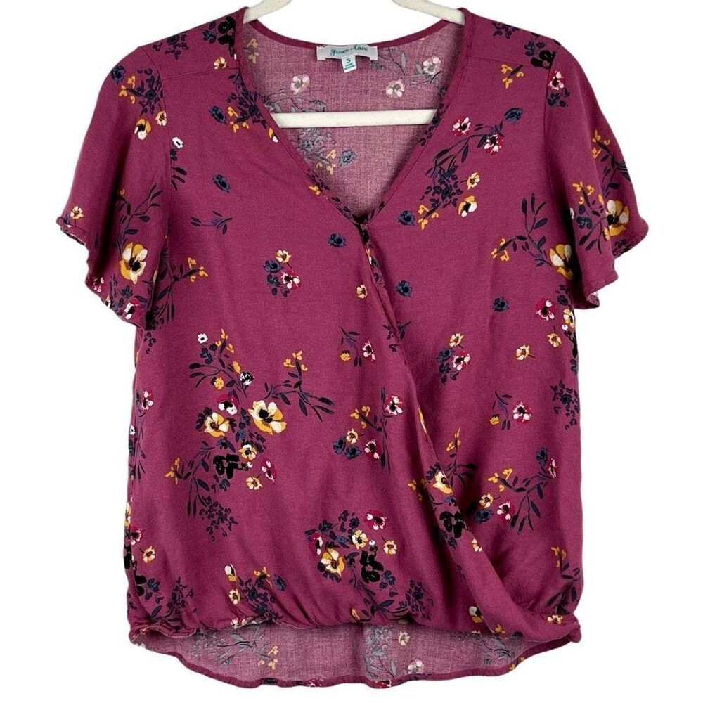 Grace & Lace Floral Wrap Blouse Small